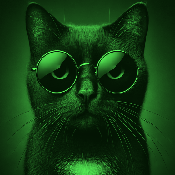 A black cat wearing round wire-frame glasses, rendered in green phosphor like an Apple II monitor